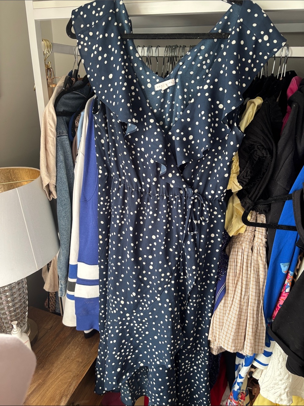 Socialite Navy and White Polka Dot Ruffle Midi Dress